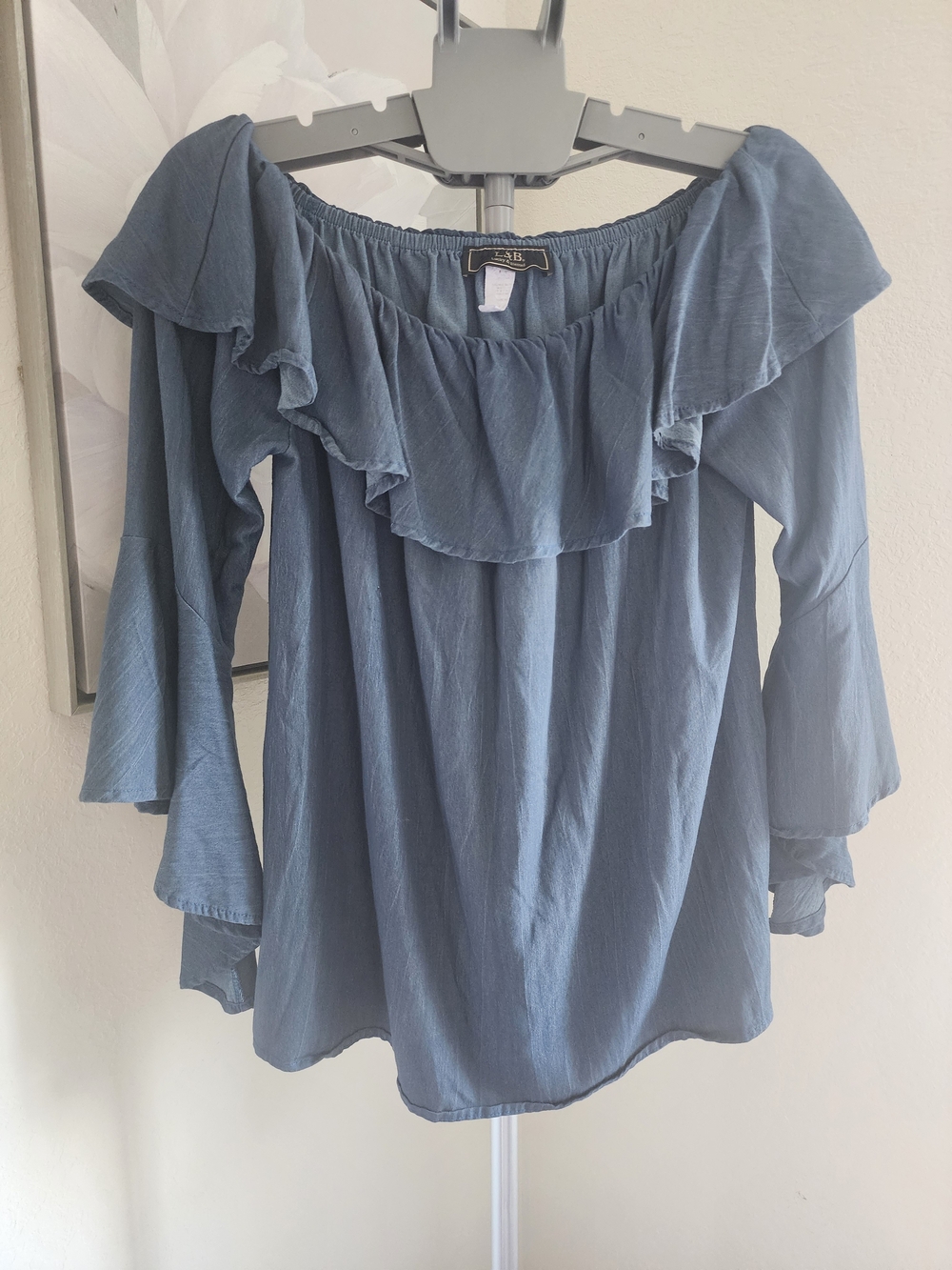Lucky & Blessed Dusty Blue Off-Shoulder Ruffle Blouse
